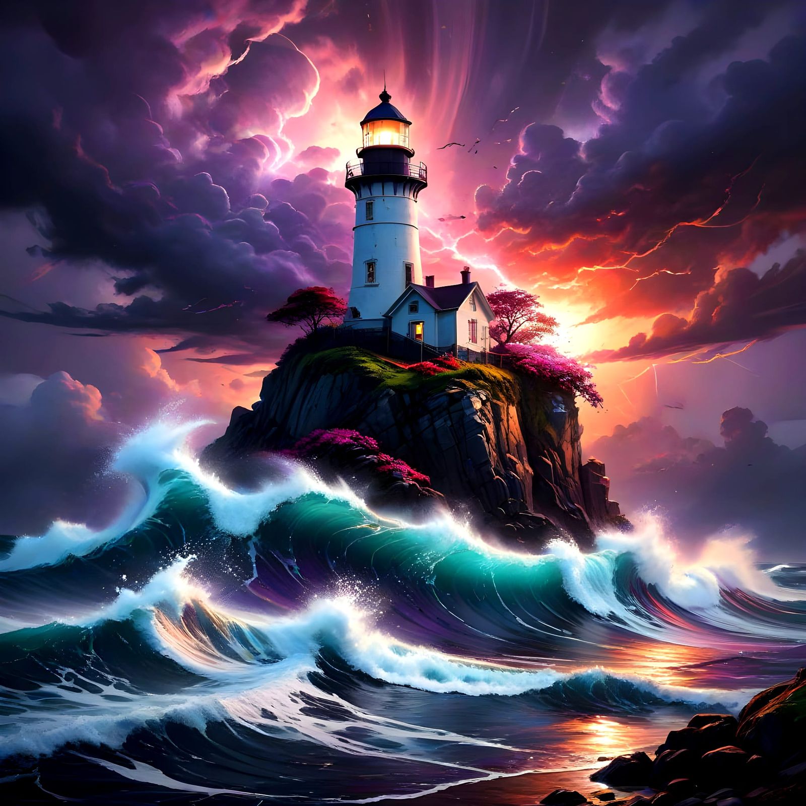 Epic Stormy Seascape with White Lighthouse in Vibrant Colors