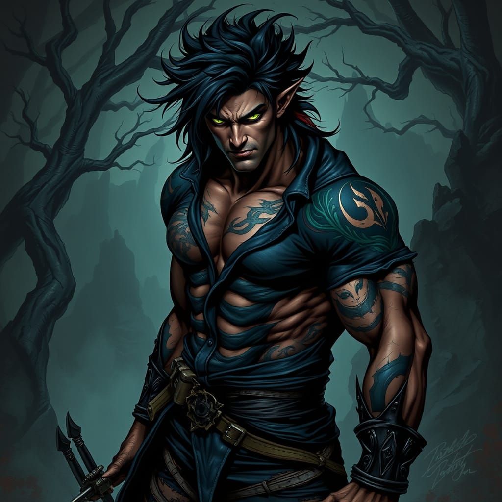 Dark Fae Warrior with Piercing Emerald Eyes and Ominous Tatt...