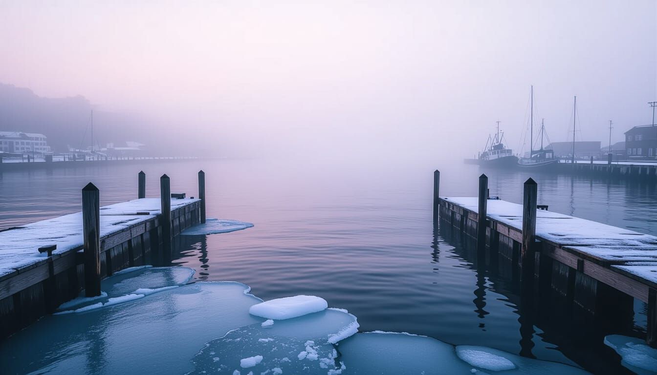 Foggy Frozen Harbor Horizon in Moody Nocturnal Style