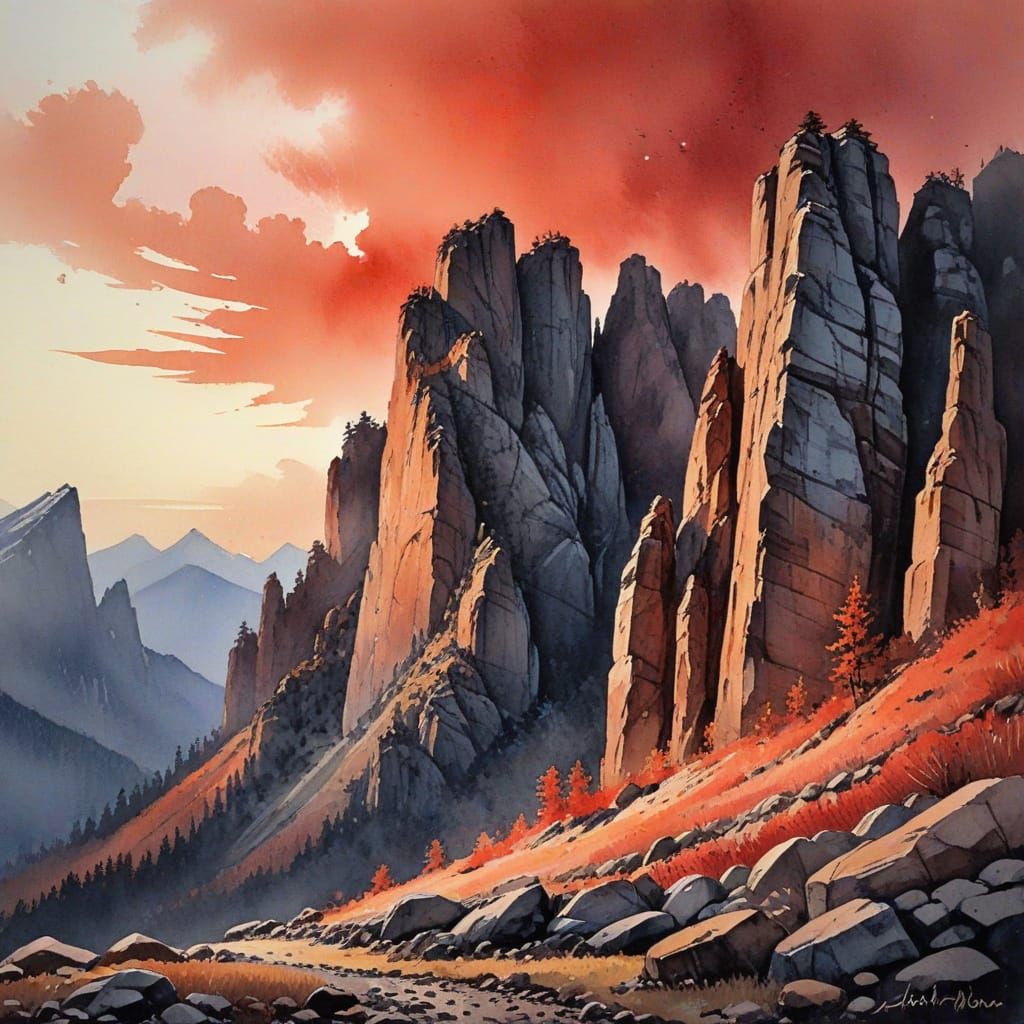 Mountain Landscape in Vibrant Watercolor