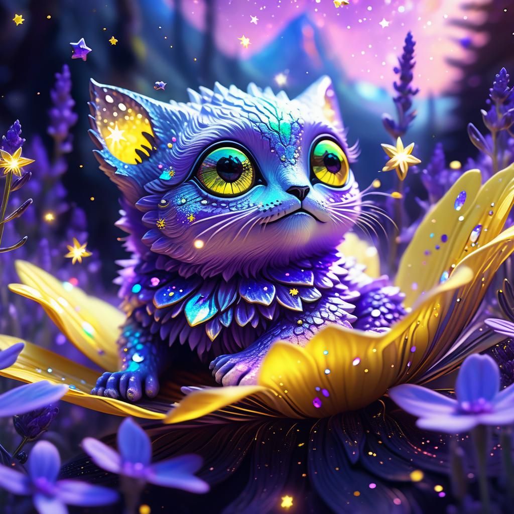 Holographic Creature on Cosmic Flower in Prismatic Forest