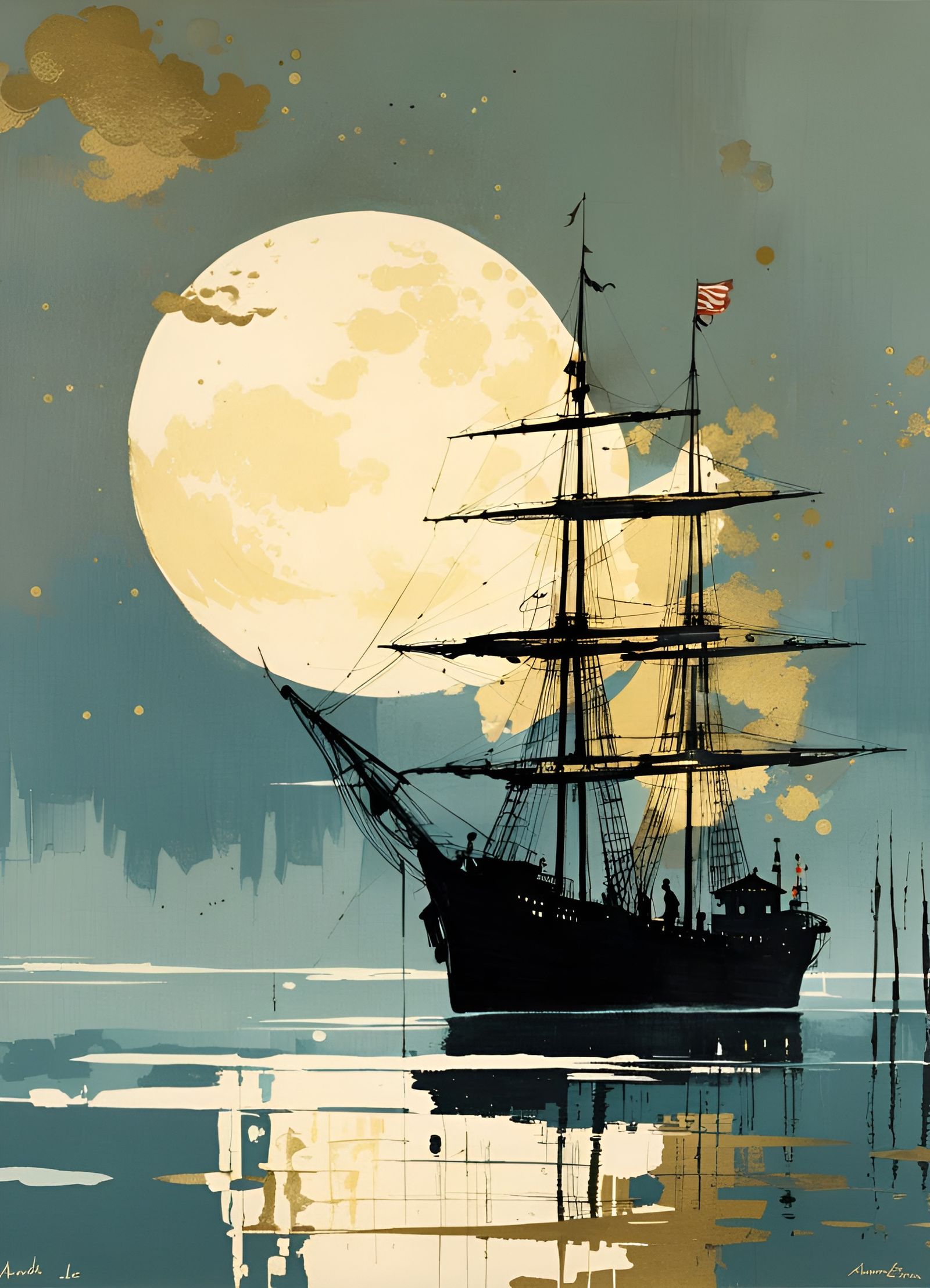 Moonlit Ship in Mixed Media Style