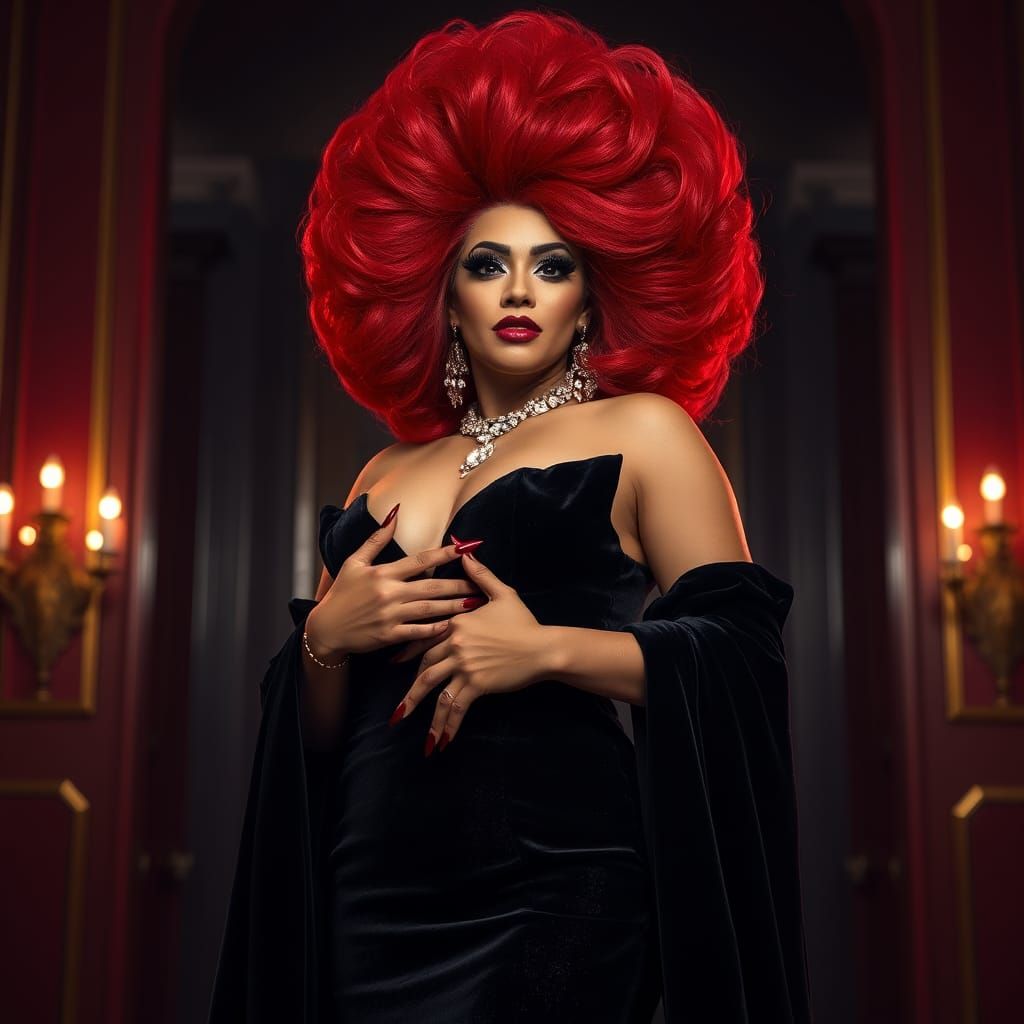 Majestic Drag Queen in Velvet Gown, Disco Glamour