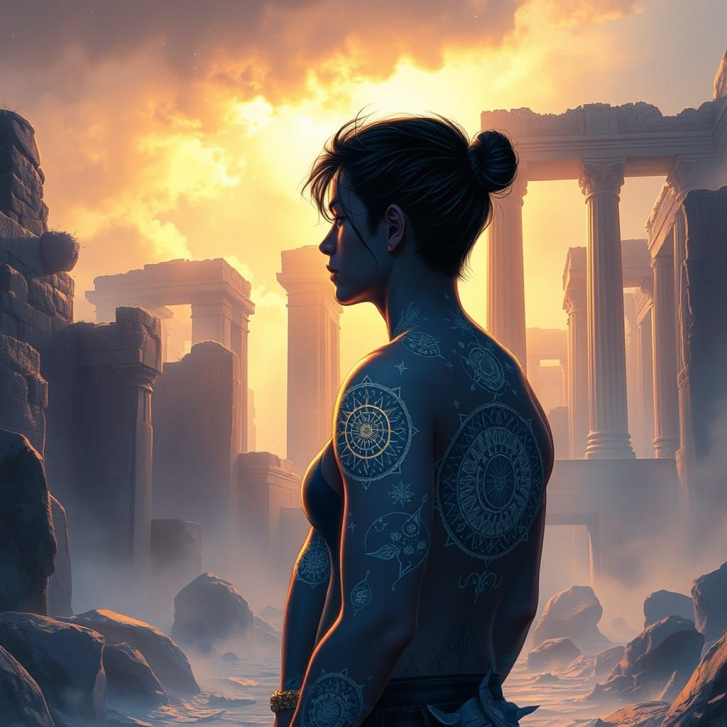 Teen Couple with Celestial Tattoos in Misty Ruins