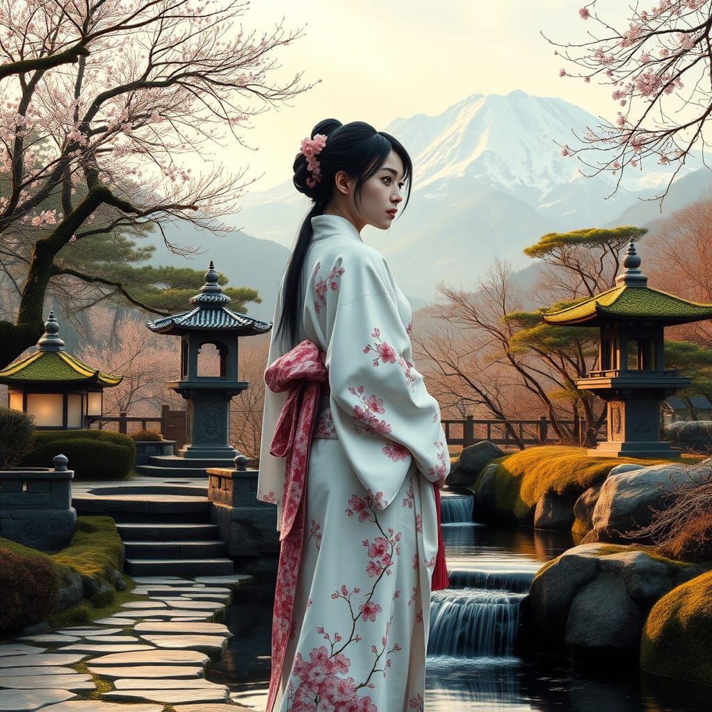 Peaceful Japanese Garden Scene in Impasto Oil Painting Style