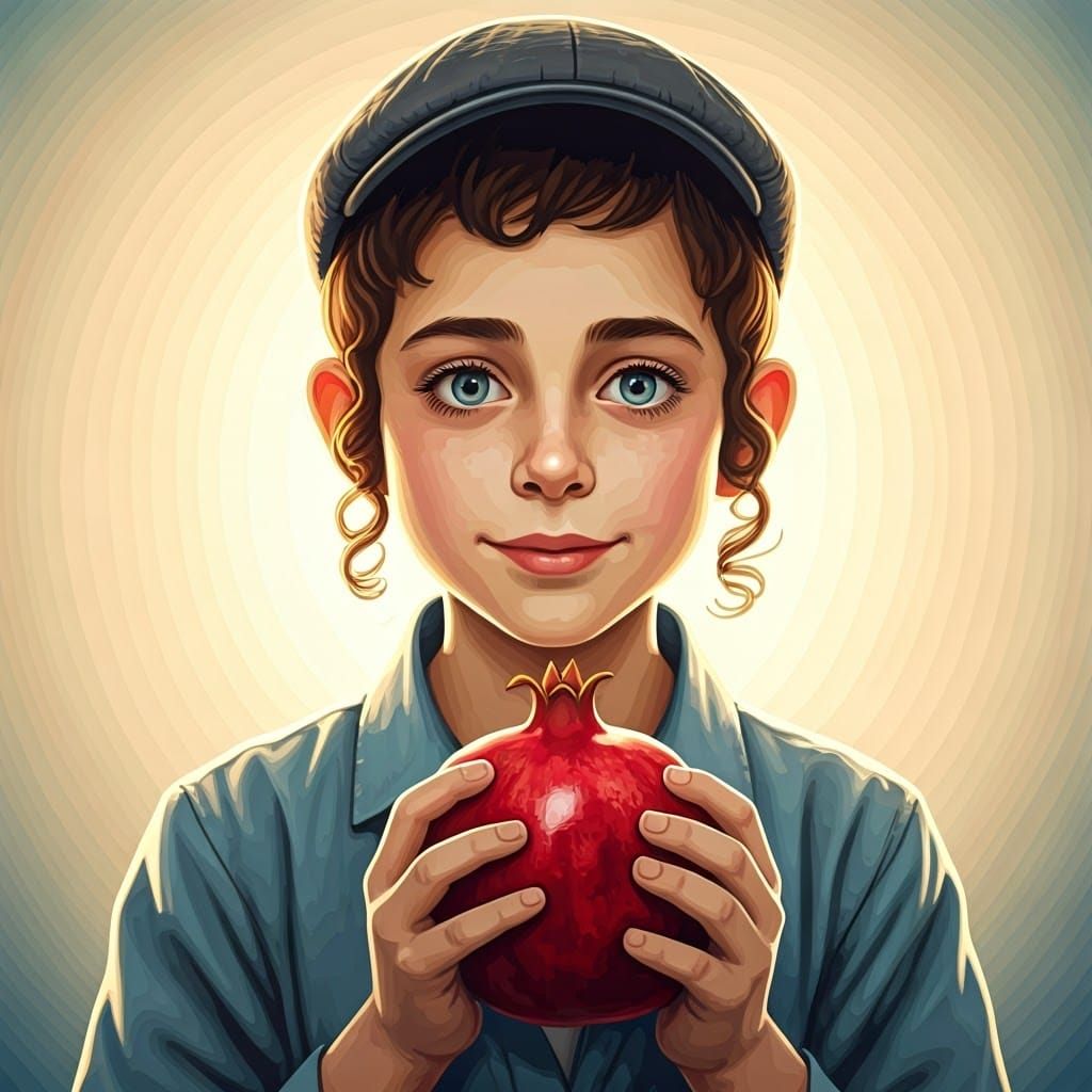 Boy with Pomegranate in Children's Book Illustration Style