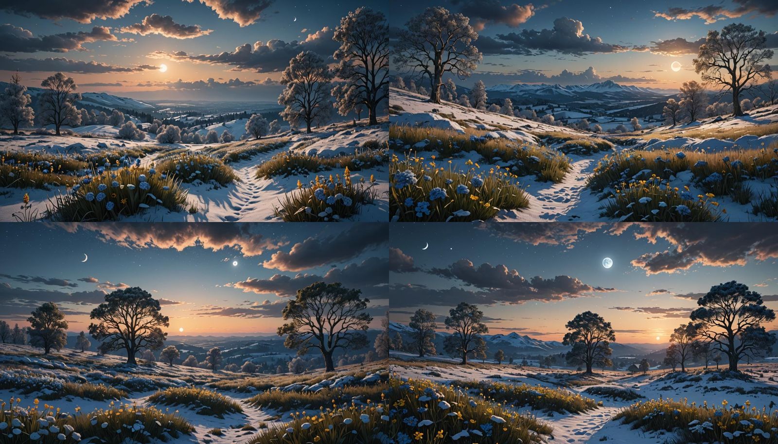 Winter Landscape with Wildflowers under Sunset Blue Night Sk...