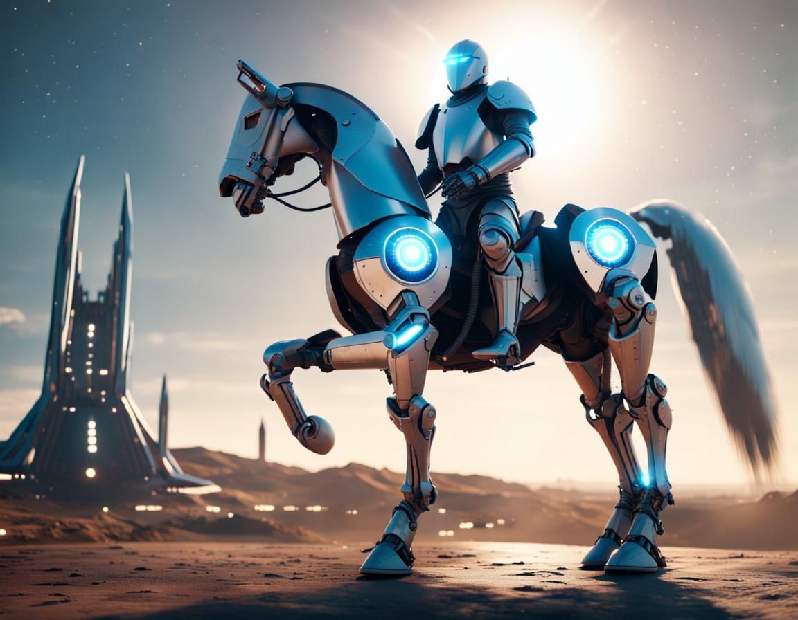 Futuristic Knight on Robotic Steed in Spaceport