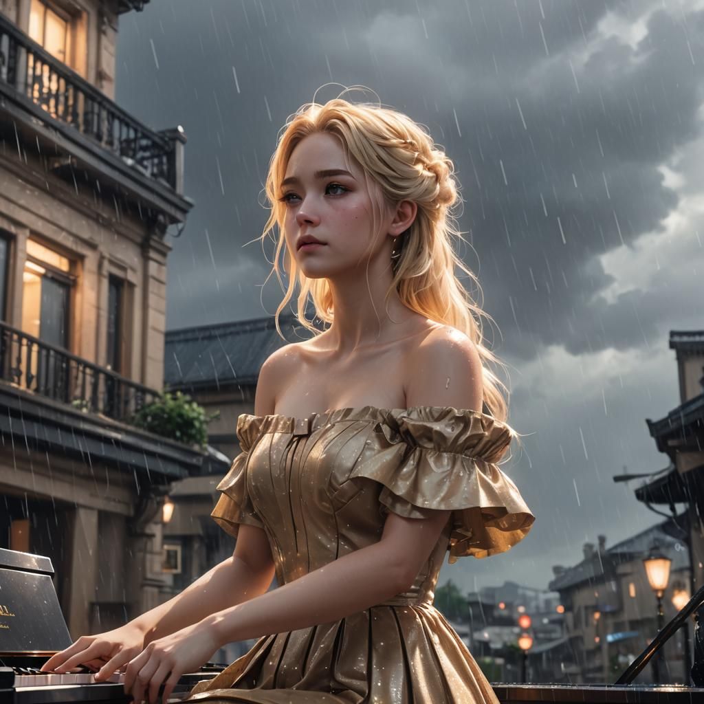 a girl with tanish-blonde playing piano in an off-shoulder dress outside in the rain looking up at the sky