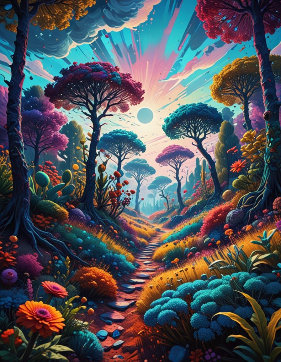 Dreamlike Surrealistic Landscape in Vibrant, Swirling Patter...