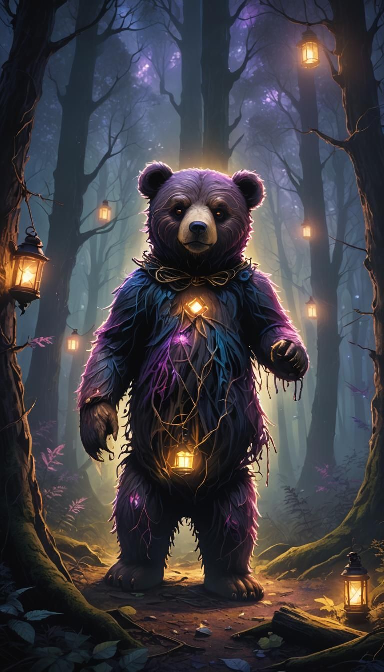 Eerie Teddy Bear in Dark Fantasy Illustration