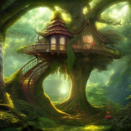 Fantasy Treehouse in Sun-Dappled Forest: Detailed Matte Pain...
