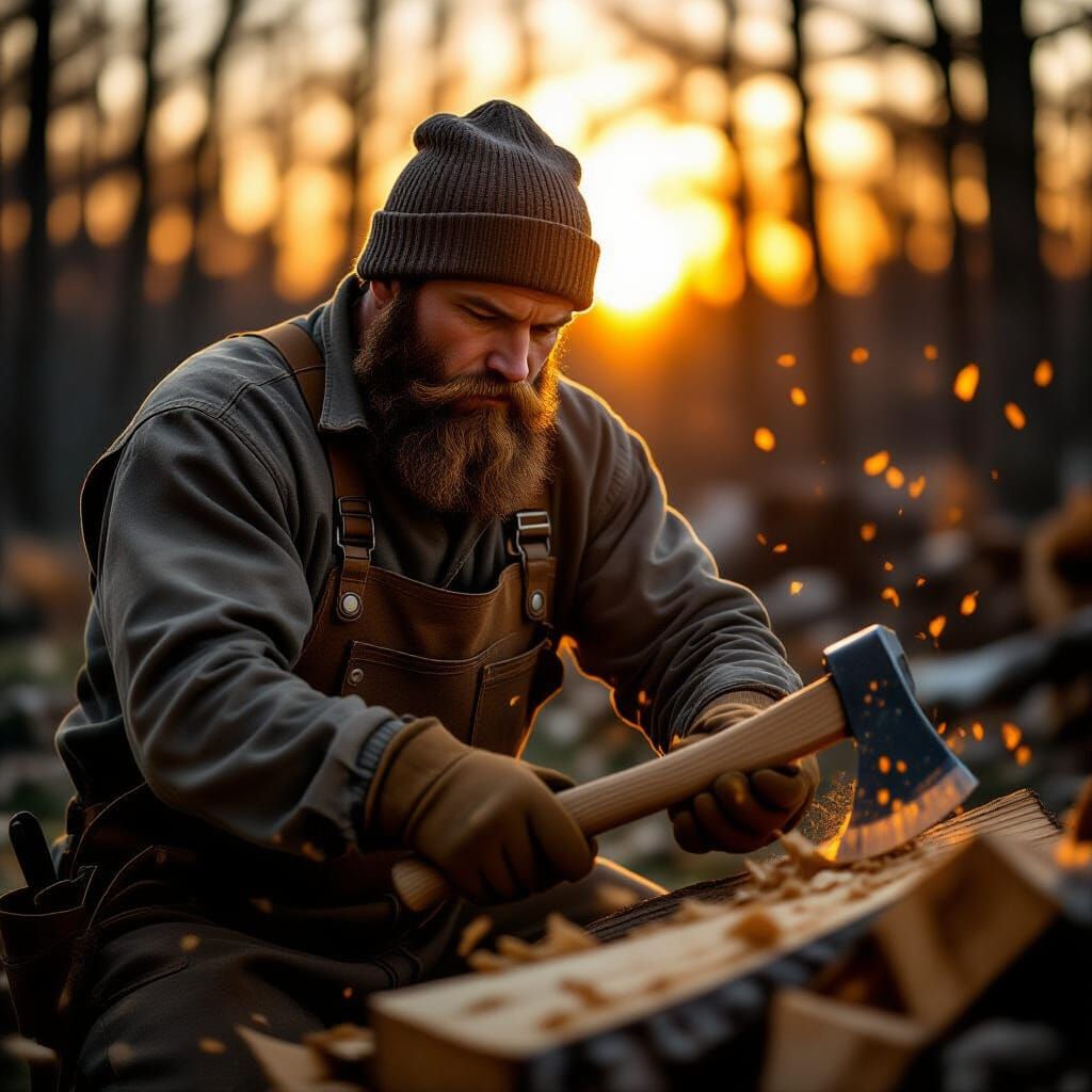 Rugged Man Chopping Wood at Golden Hour