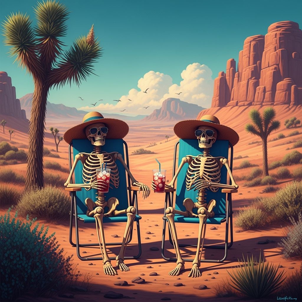 Skeletons Enjoying Tea in Desert Landscape, Digital Matte Pa...