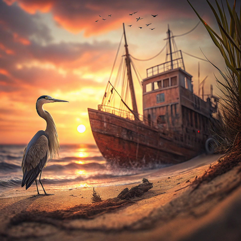 Surreal Sunset Ship and Heron in Hyper Realistic Detail
