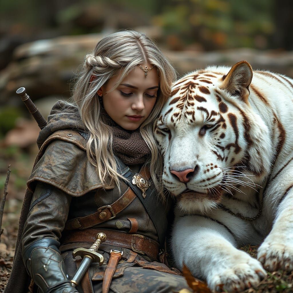 Ranger Woman and Tiger in Medieval Fantasy Style