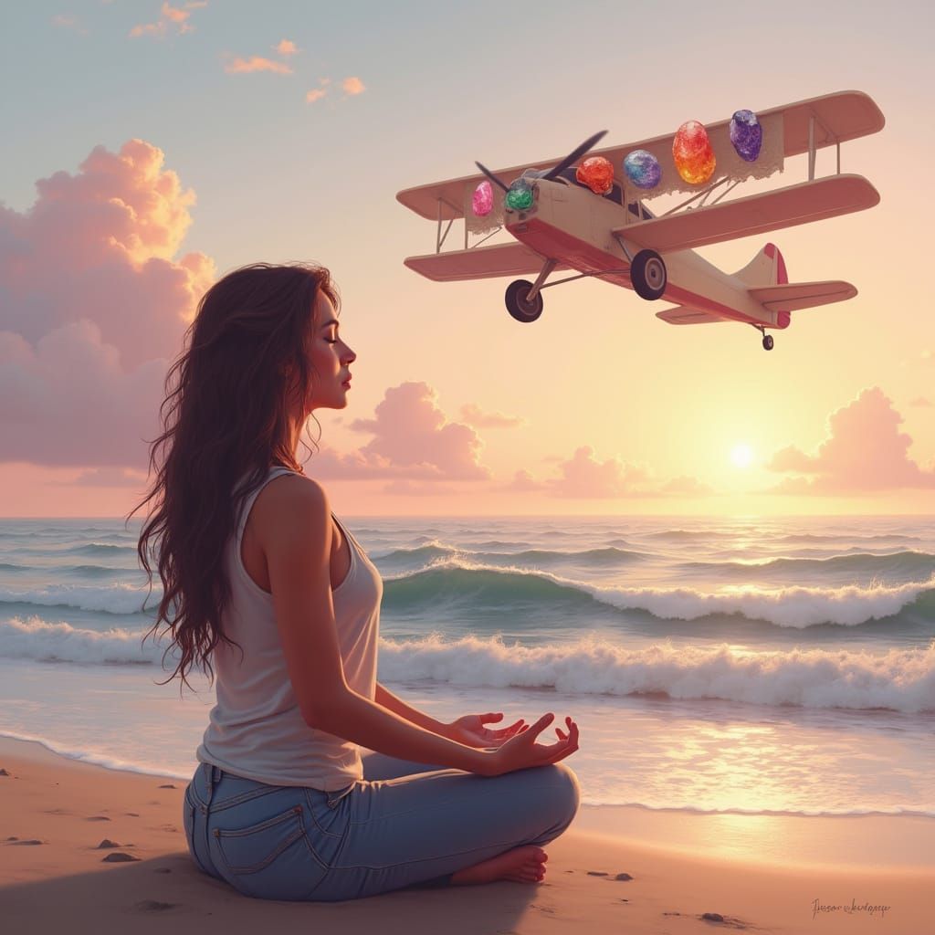 Beach Meditation with Chakra Banner in Romantic Realism
