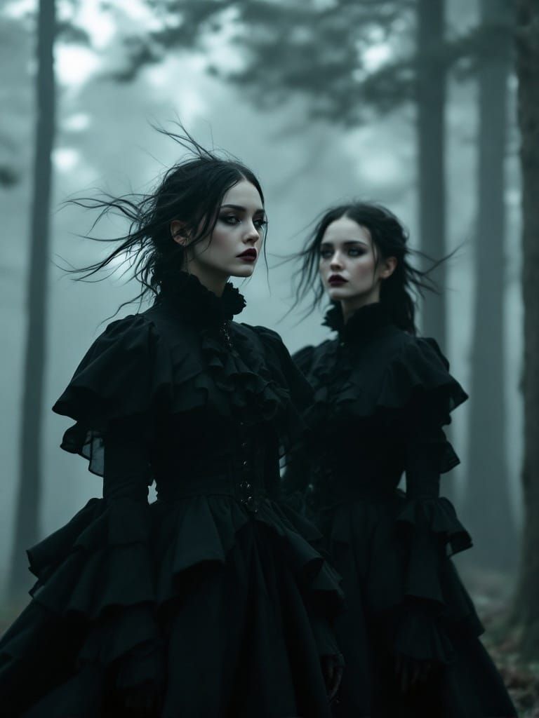 Gothic Women in Foggy Forest: Cinematic Still