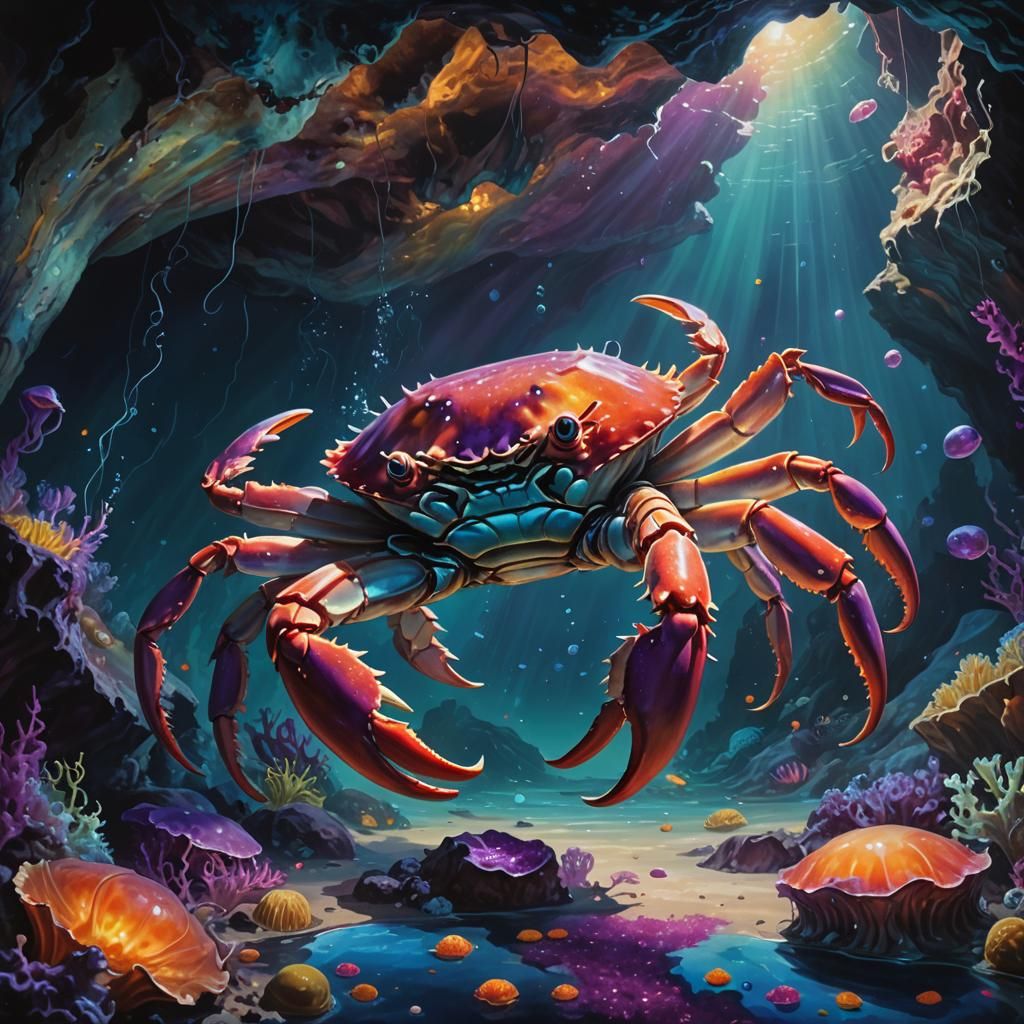 Hyperrealistic Dancing Crab in Ocean Cave