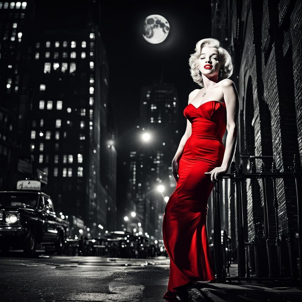 Marilyn Monroe wearing a short red dress on a Manhattan street in the night light with a stunning moon
