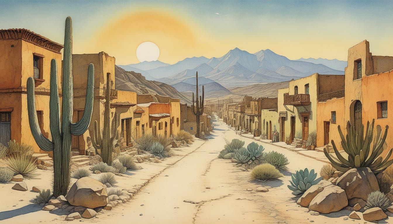 Desert Town in Watercolour with Adobe Buildings