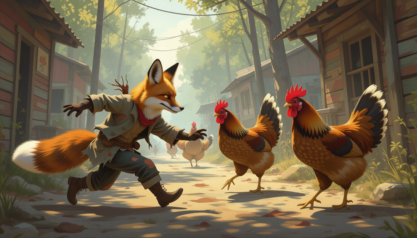 Fox Hunted by Hens in Dystopian Forest Street