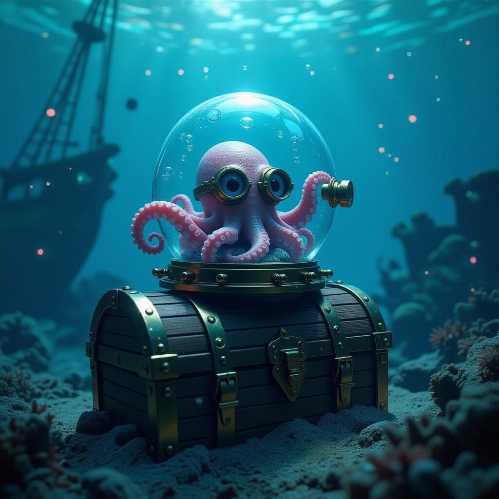 Miniature Kraken in Diving Helmet with Bioluminescent Plankt...