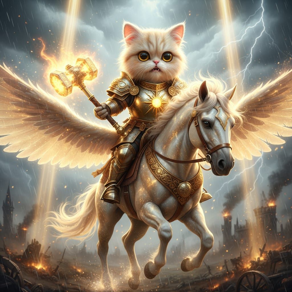 Fluffy Kitten Paladin Rides Divine Pegasus
