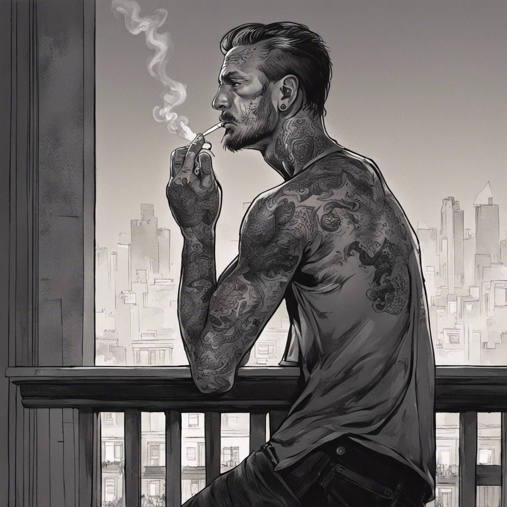 Tattooed Man Smoking: Sinister Fantasy Portrait
