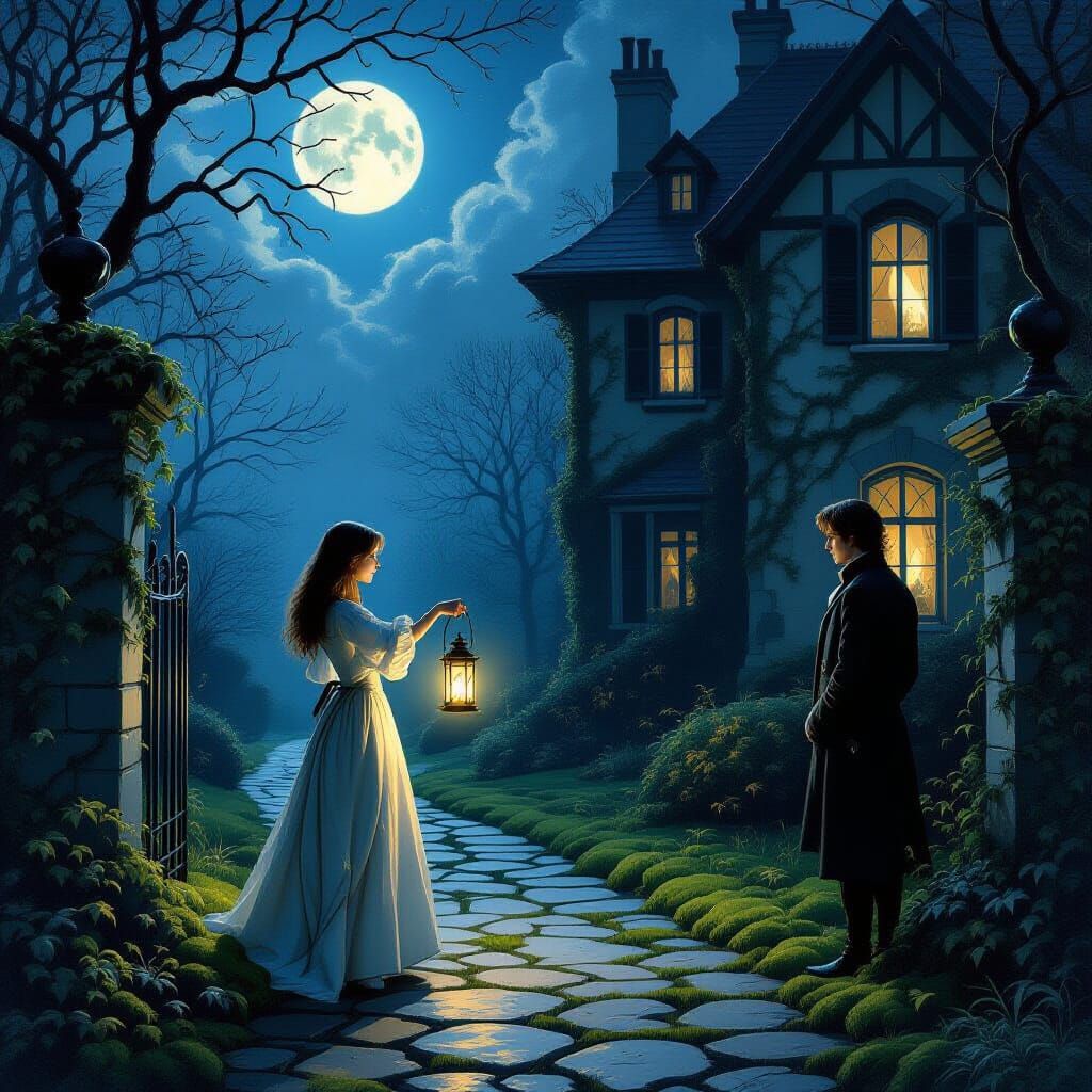 Enchanting Woman with Lantern on Moonlit Garden Path