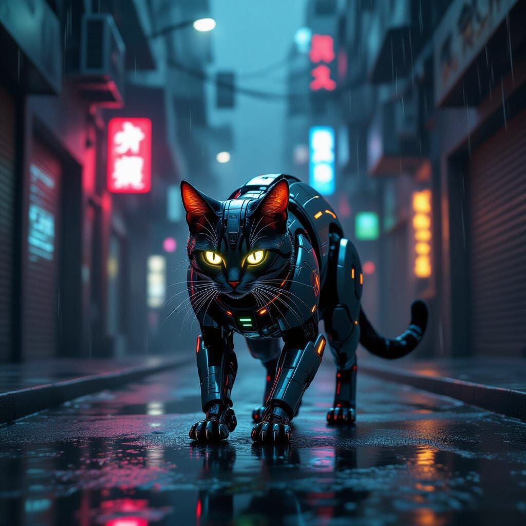 Cyberpunk Cat Prowls Rainy City Alleyway