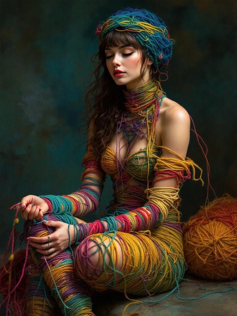 Woman Knitting Herself in Tonalist Style