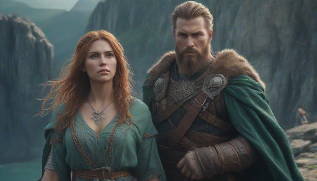 Tall Viking Warrior Stands Beside His Lovely Wife on a Cliff