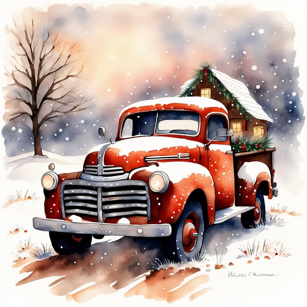 Rustic Christmas Pickup Truck in Watercolor Style