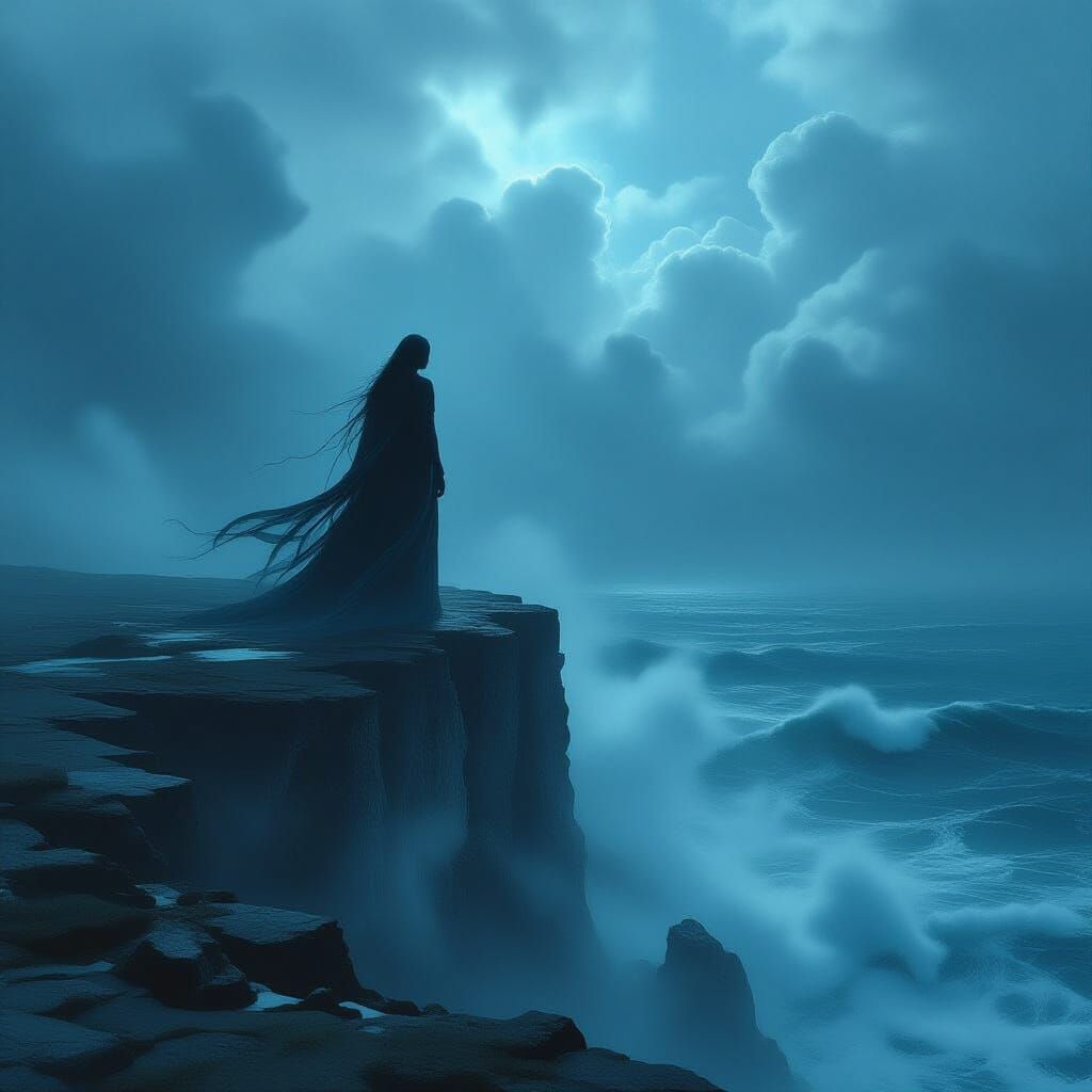 Spectral Woman on Cliff Overlooking Stormy Sea