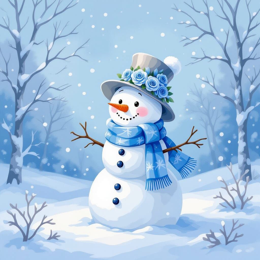 Snowman with Blue Roses and Scarf in Watercolor Style