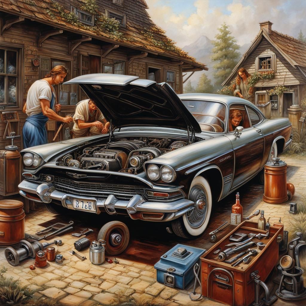 Friends Repairing Car in Driveway: Hyperrealistic Art