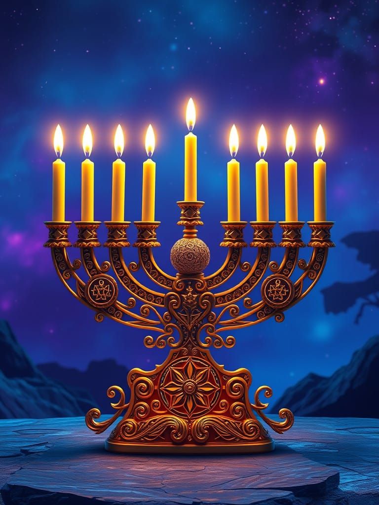 Surreal Hanukkah Menorah Radiates Mystical Light