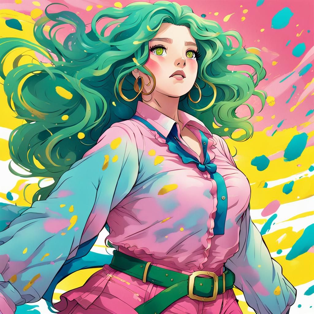 Vibrant Anime Woman with Blue Hair and Pink Pants