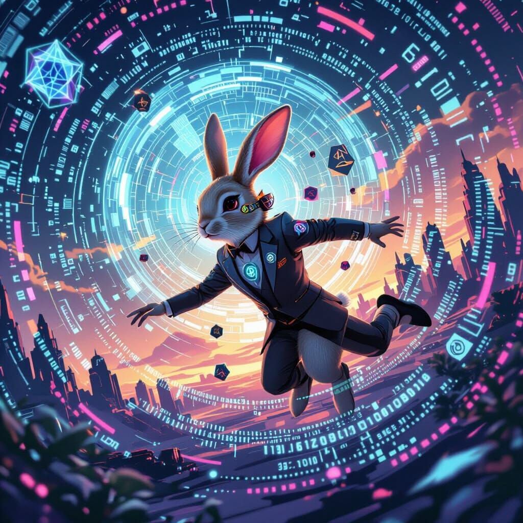 Rabbit Innovator in Neon Metaverse, Cyberpunk Style