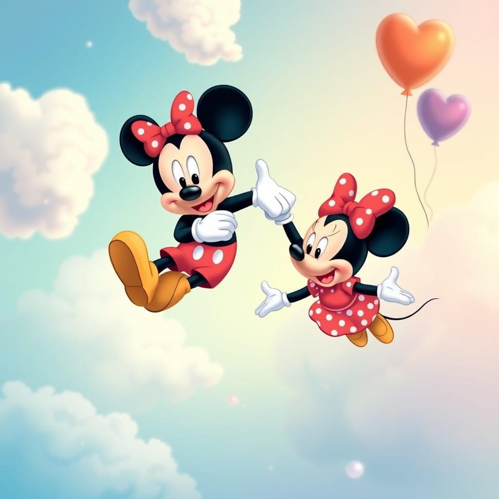 Mickey and Minnie in Whimsical Pastel Skies