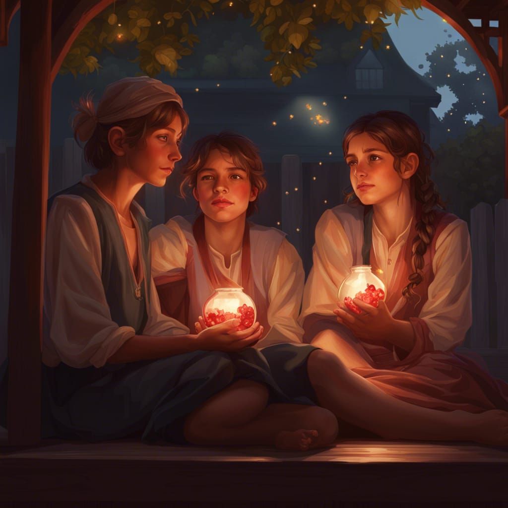 Sunset Porch: Siblings Share Pomegranate, Hyperdetailed Art