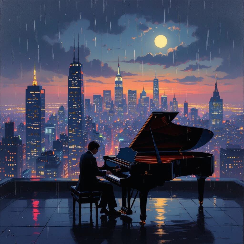 Rooftop Pianist in Neon Metropolis at Dusk
