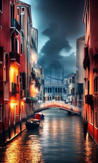Cyberpunk Venice Street Scene in Stormy Weather