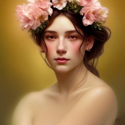 Delicate Girl Portrait with Flower Crown, Hyperdetailed Art