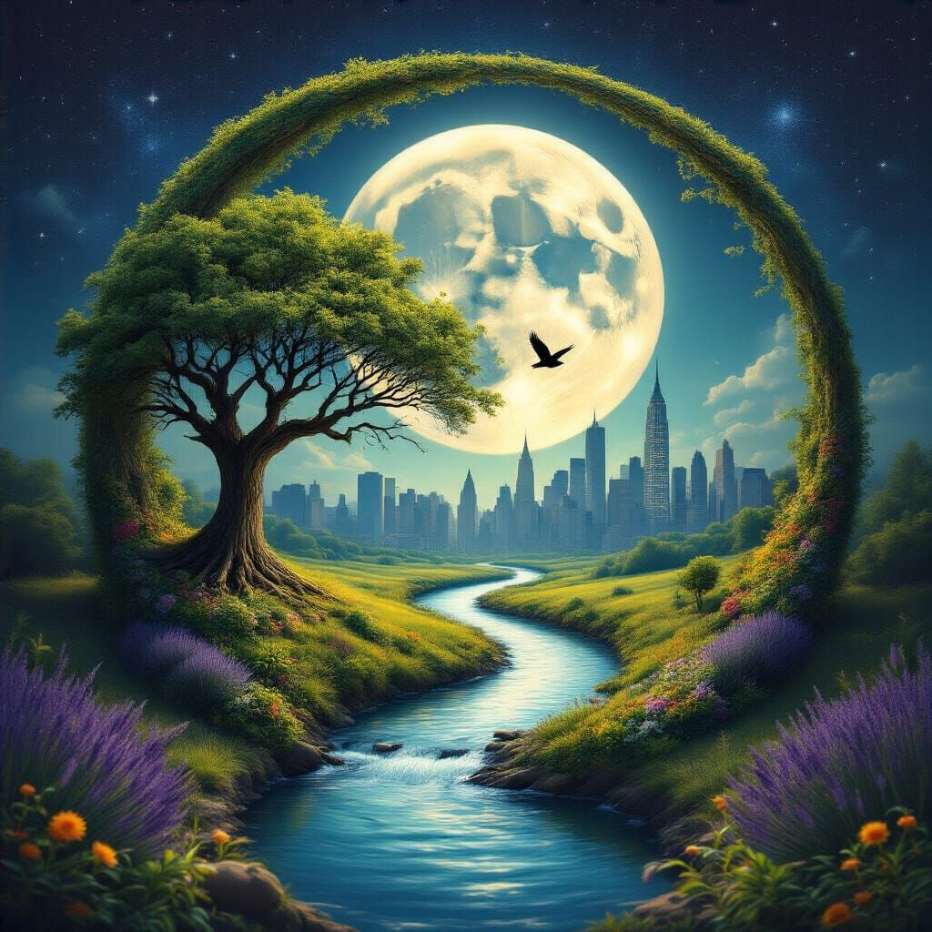 Surreal Earth Circle Landscape with Moon and City