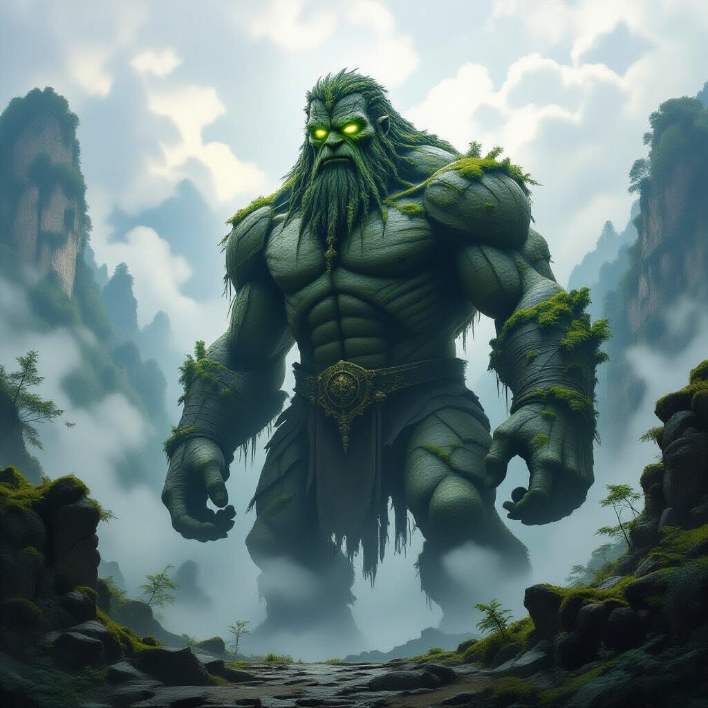 Ancient Stone Golem Guards Misty Valley in Oil Painting