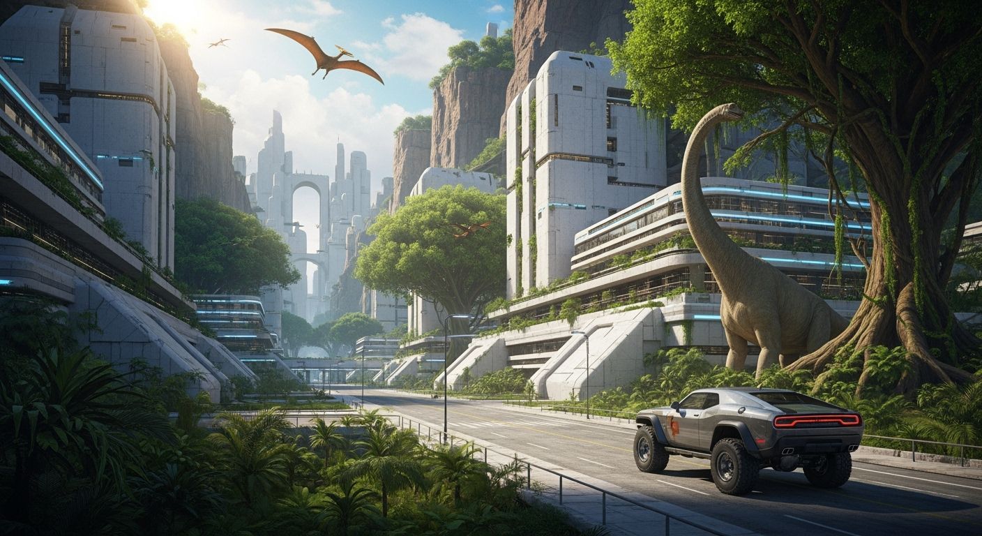 Futuristic City in Canyon Trench with Dinosaurs