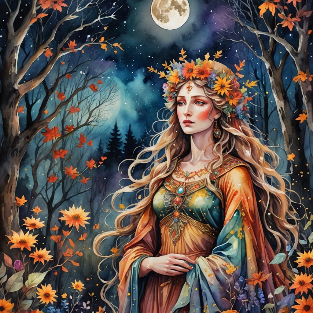 Autumn Goddess in Cosmic Dreamscape Watercolor Painting