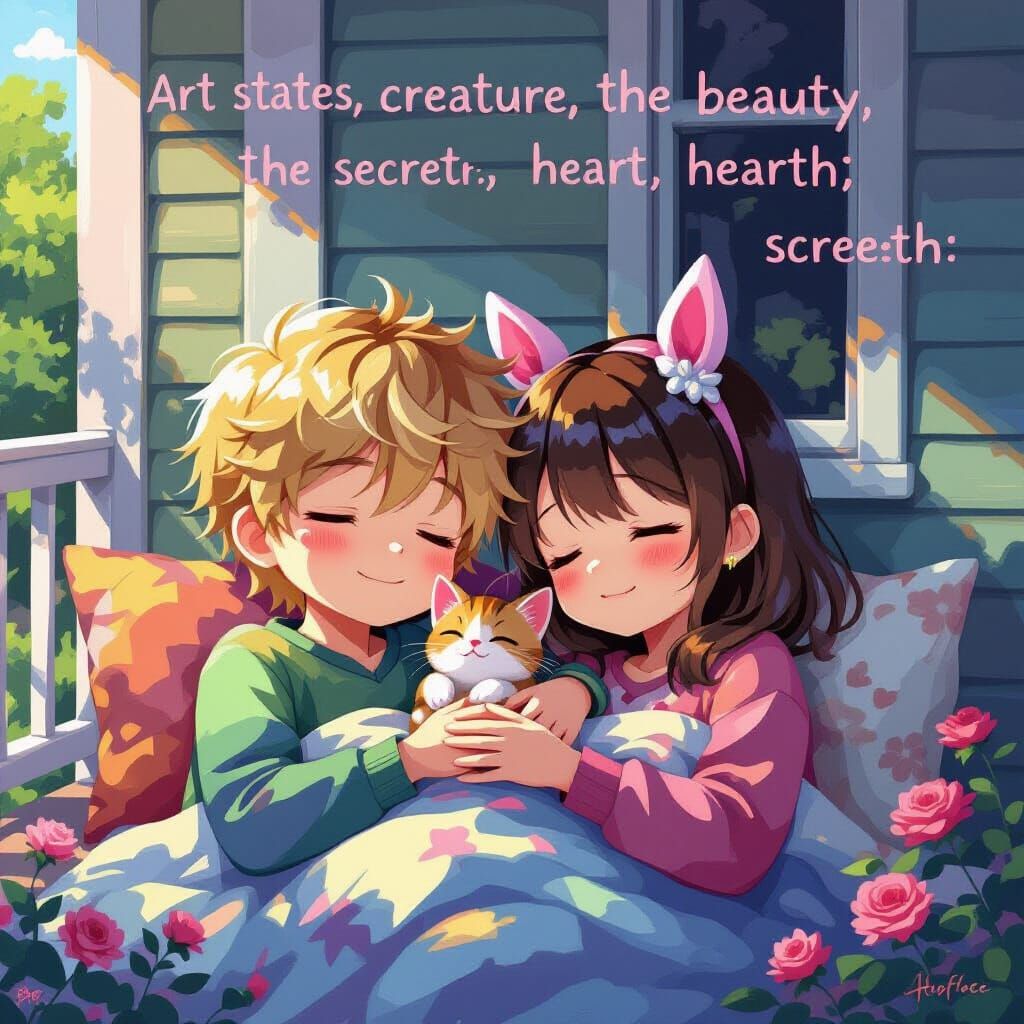 Anime Couple and Kitten on Veranda in Morning Light